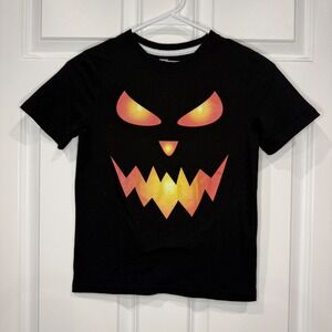10THREADS Kids Halloween Jack O Lantern Face Black Graphic T-Shirt Size 7/8 M